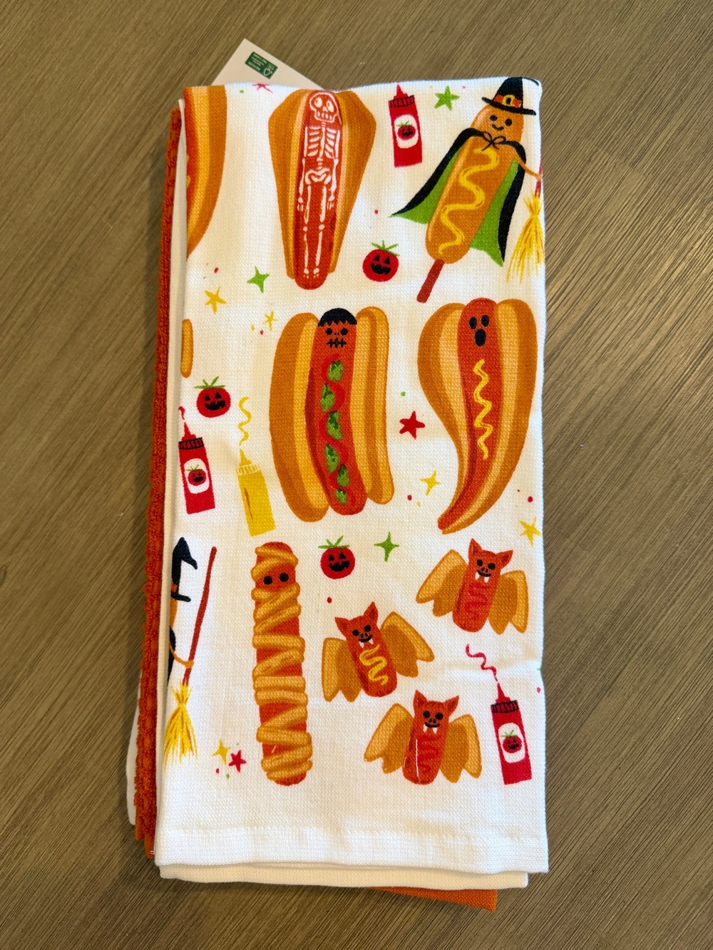 Isaac Mizrahi Halloween Hot Dog & Bat Print Kitchen Towel - Orange, White, Black